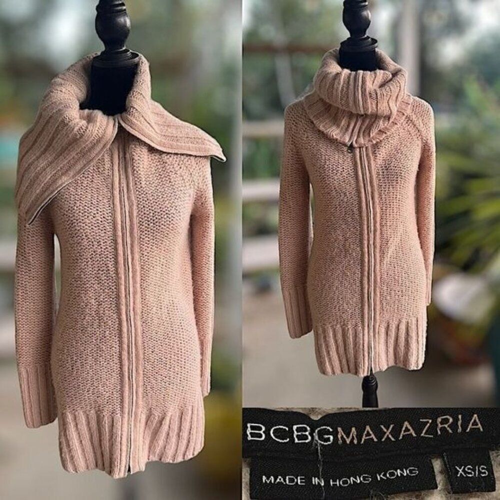 BCBGMAXAZRIA Lambswool Acrylic Pile Knit Zip Cardigan Sweater Pink Women XS / S